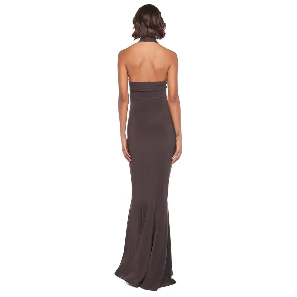 NORMA KAMALI Halter Turtle Fishtail Gown 4-Way Stretch Womens Sz M/38 Chocolate - Picture 6 of 9